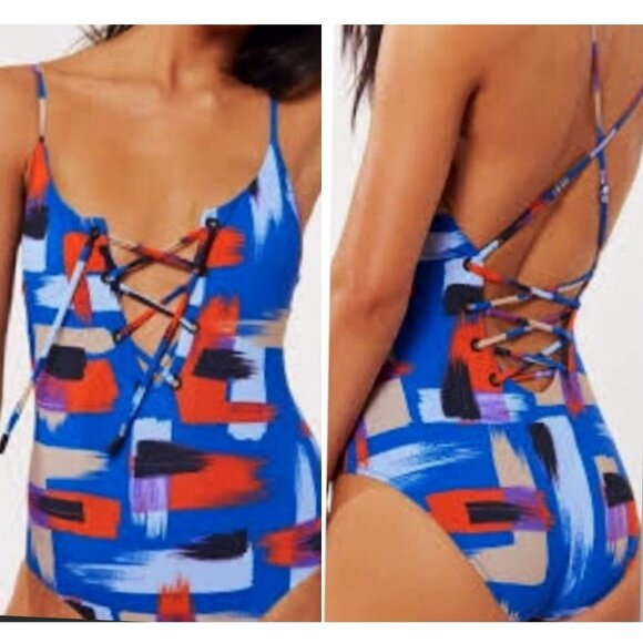 Red Carter Rio Abstract Print One Piece Lace Up Swimsuit women's size M … - Picture 1 of 11